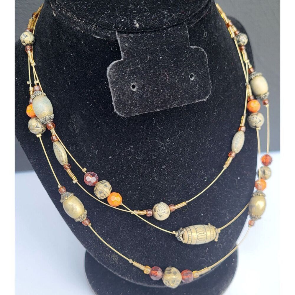 Earthy Triple Strand Floating Station Bohemian Brass Rust & Garnet Necklace 17"